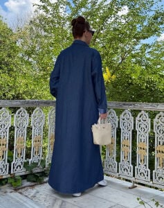 Polo Yakalı Tensel Kot elbise koyu mavi