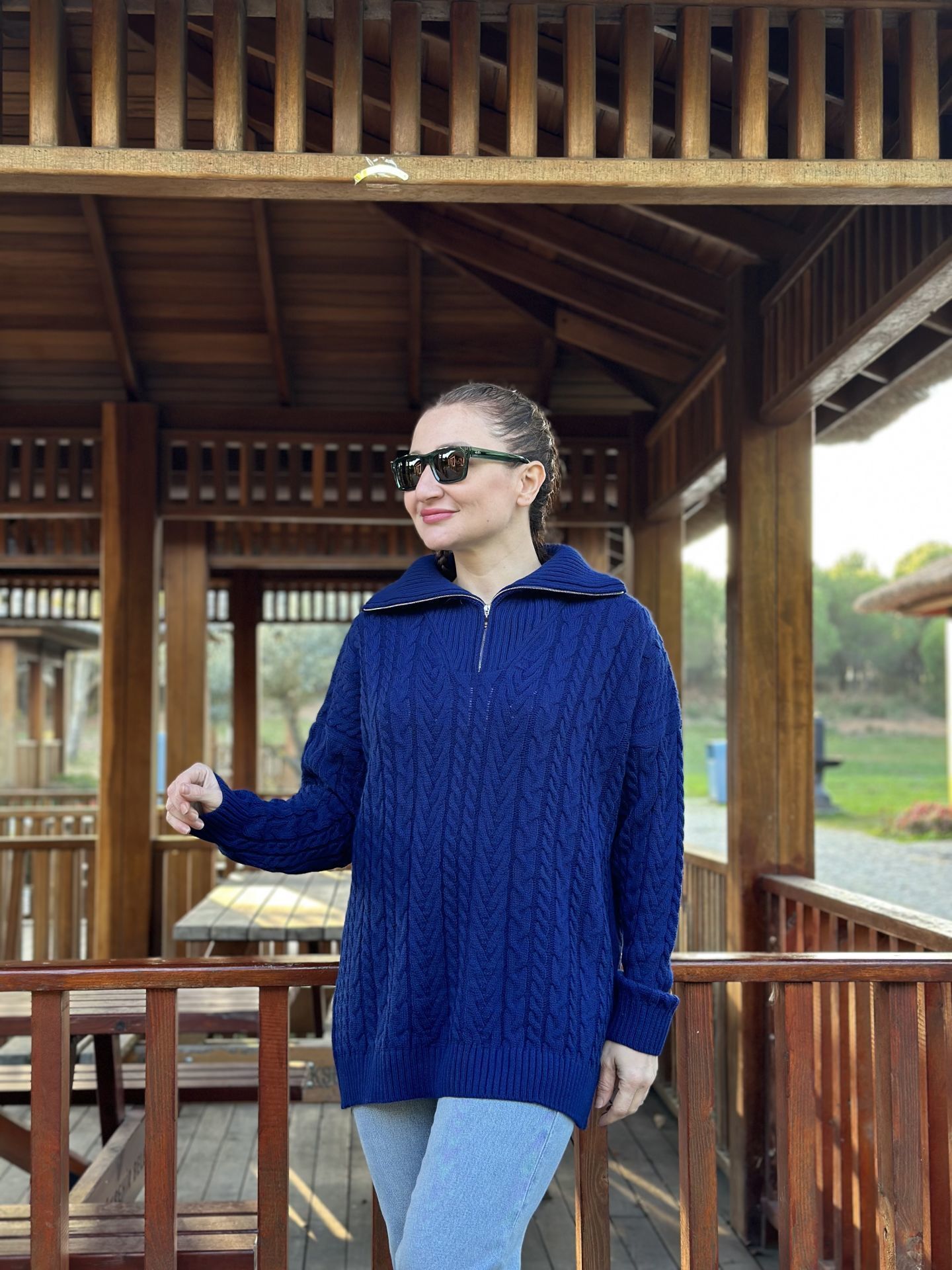 Fermuarlı uzun Saç Örgü  kazak Laci