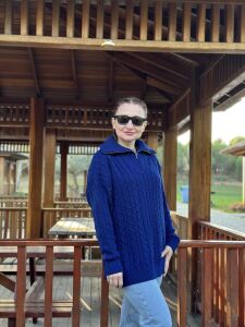 Fermuarlı uzun Saç Örgü  kazak Laci