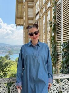 Polo Yakalı Tensel Kot elbise açık mavi