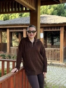 Fermuarlı uzun Saç Örgü  kazak kahve