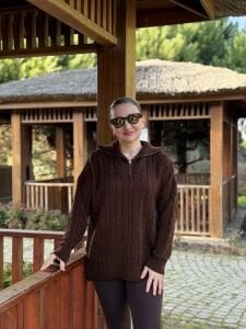 Fermuarlı uzun Saç Örgü  kazak kahve