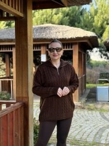 Fermuarlı uzun Saç Örgü  kazak kahve