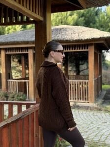 Fermuarlı uzun Saç Örgü  kazak kahve