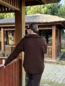 Fermuarlı uzun Saç Örgü  kazak kahve