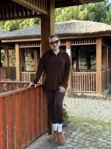 Fermuarlı uzun Saç Örgü  kazak kahve