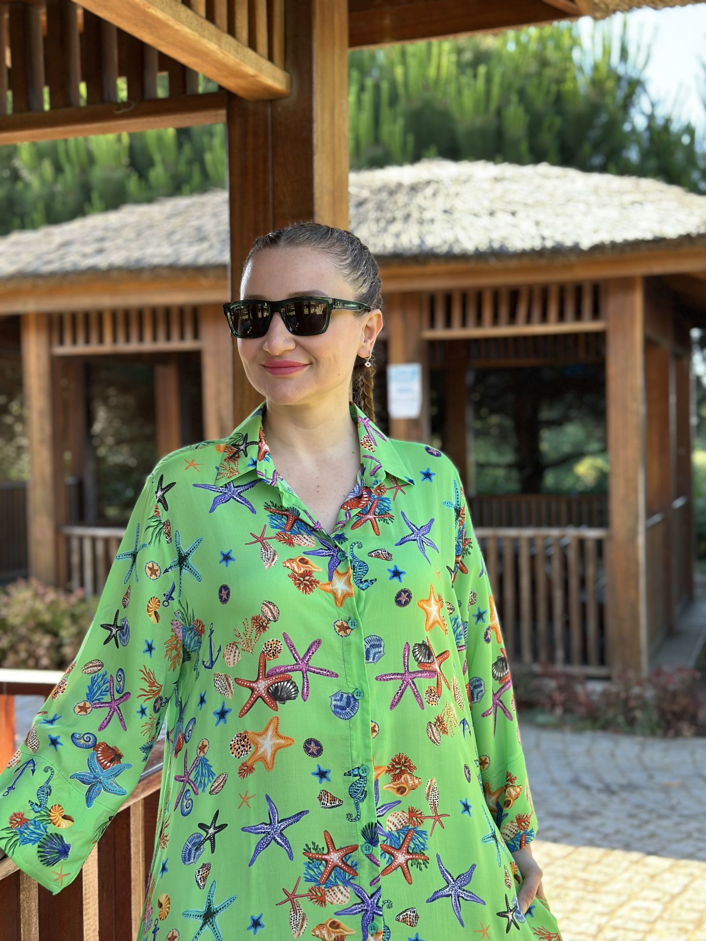 Denizkabuğu gömlek elbise yeşil