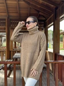 Balıkçı oversize kazak camel