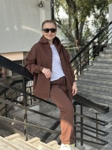 Kahve Unisex Fermuarlı Oversize ORJ eşofman Takım