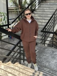 Kahve Unisex Fermuarlı Oversize ORJ eşofman Takım