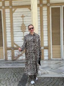 Polo Leopar Viskon takım bej-kahve