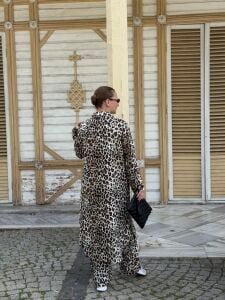 Polo Leopar Viskon takım bej-kahve