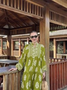 Evra yağ yeşili Viskon katleya elbise