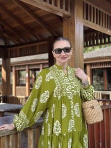 Evra yağ yeşili Viskon katleya elbise