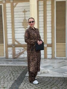 Polo Leopar Viskon takım kahve