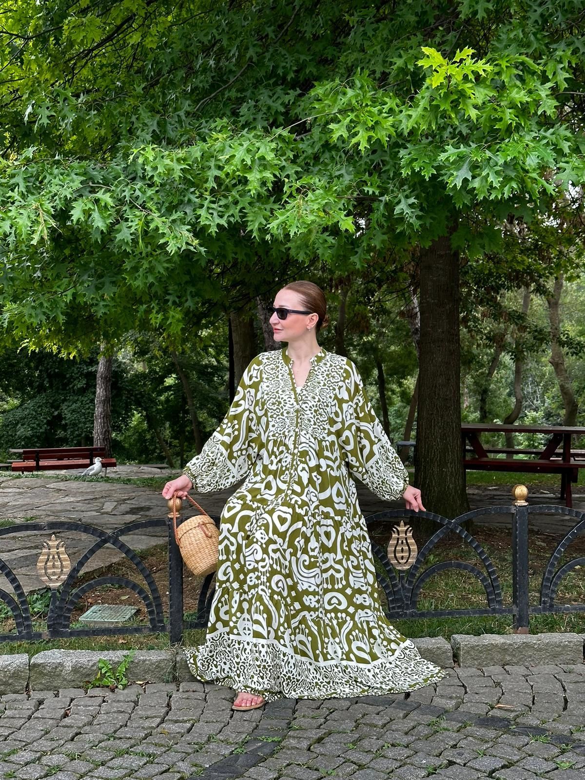 Yağ yeşili kalp desen katleya elbise
