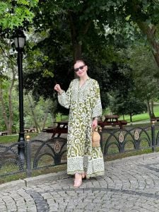 Yağ yeşili kalp desen katleya elbise