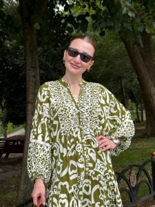 Yağ yeşili kalp desen katleya elbise