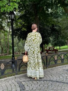 Yağ yeşili kalp desen katleya elbise