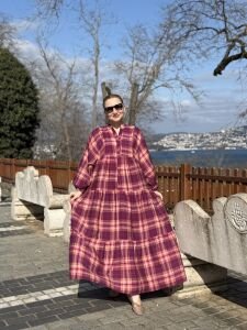 Ekose Mango katleya elbise mor-pembe