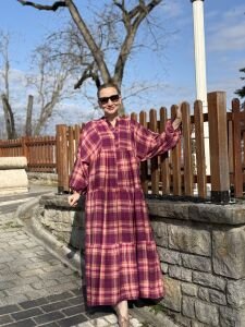 Ekose Mango katleya elbise mor-pembe