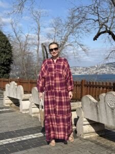 Ekose Mango katleya elbise mor-pembe