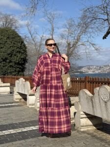 Ekose Mango katleya elbise mor-pembe