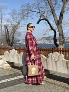 Ekose Mango katleya elbise mor-pembe