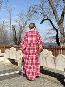 Ekose Mango katleya elbise mor-pembe