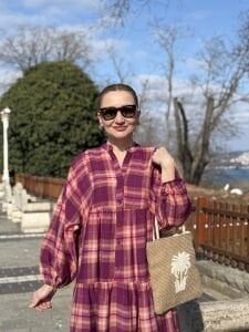 Ekose Mango katleya elbise mor-pembe