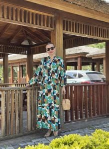 Yeşil pamuk saten katleya elbise