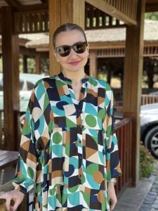 Yeşil pamuk saten katleya elbise