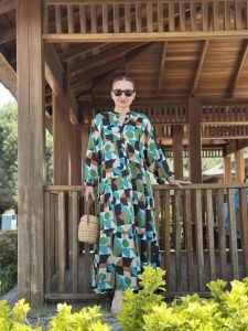 Yeşil pamuk saten katleya elbise