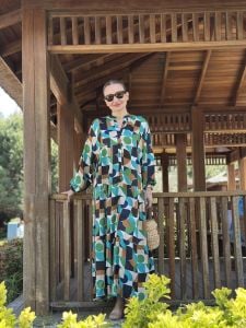 Yeşil pamuk saten katleya elbise