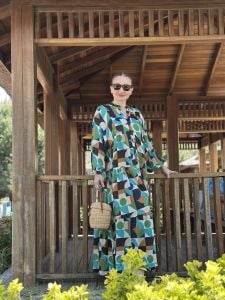 Yeşil pamuk saten katleya elbise