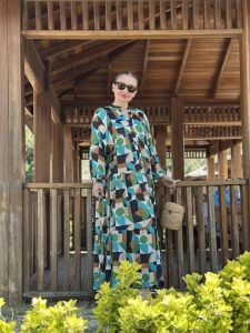 Yeşil pamuk saten katleya elbise