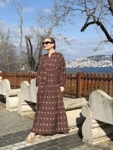 Ekose Mango katleya elbise kahve