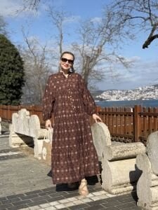 Ekose Mango katleya elbise kahve