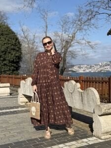 Ekose Mango katleya elbise kahve