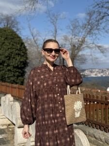 Ekose Mango katleya elbise kahve