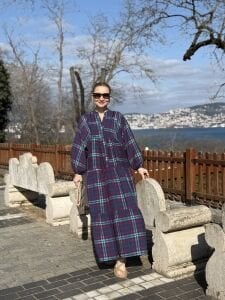 Ekose Mango katleya elbise morcivert