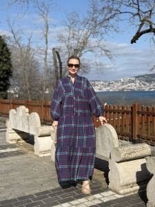 Ekose Mango katleya elbise morcivert