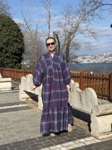 Ekose Mango katleya elbise morcivert