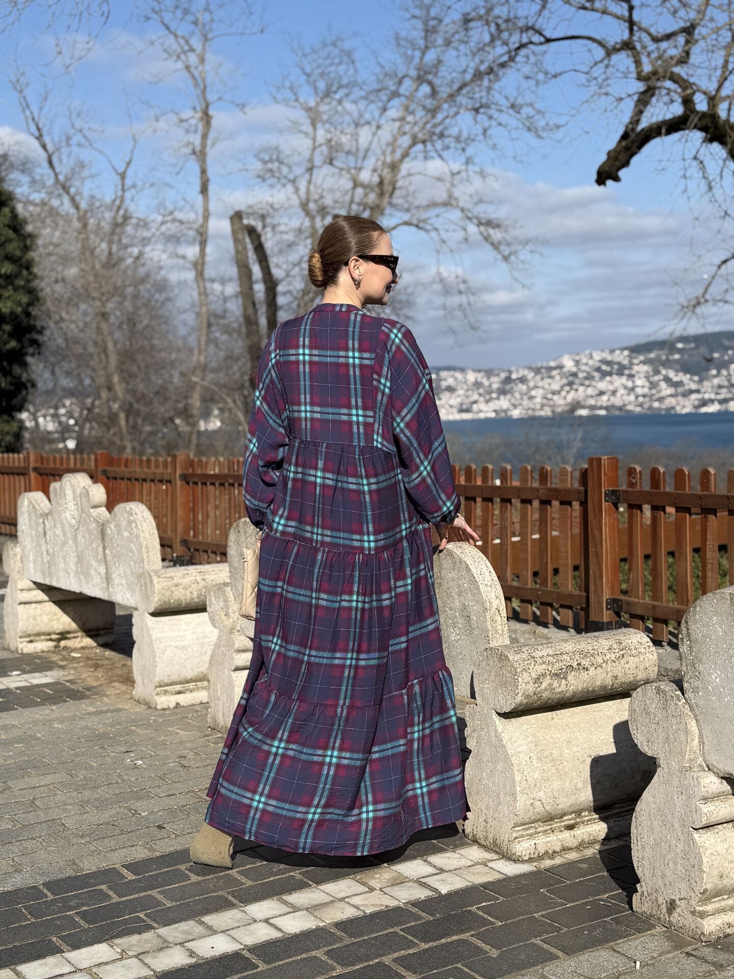 Ekose Mango katleya elbise morcivert