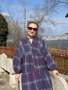 Ekose Mango katleya elbise morcivert