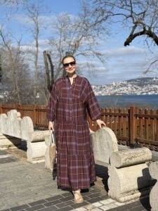 Ekose Mango katleya elbise Mürdüm-kahve