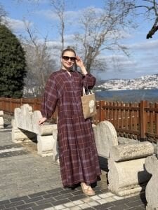 Ekose Mango katleya elbise Mürdüm-kahve