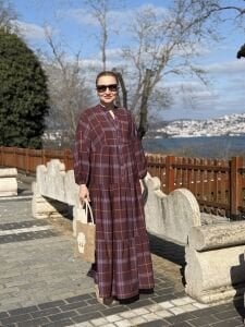 Ekose Mango katleya elbise Mürdüm-kahve