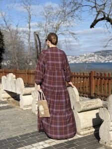 Ekose Mango katleya elbise Mürdüm-kahve