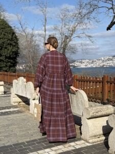 Ekose Mango katleya elbise Mürdüm-kahve